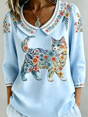Women's Floral Cats Print Casual Top