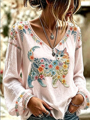 Women's Floral Cats Print Casual Long Sleeve V-Neck Top
