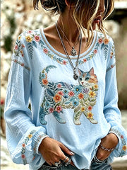 Women's Floral Cats Print Casual Long Sleeve Shirt