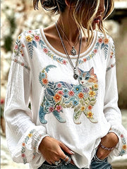 Women's Floral Cats Print Casual Long Sleeve Shirt