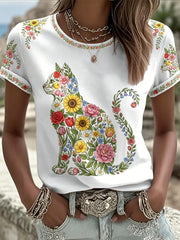Women's Floral Cats Print Casual Tee