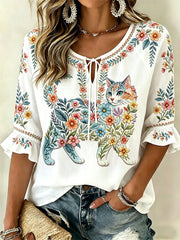 Women's Floral Cats Print Casual Top