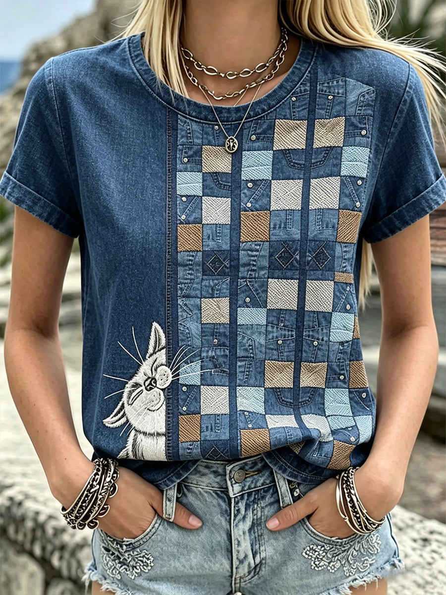 Women's Vintage Cute Cats Patchwork Cotton Linen Crew Neck Short Sleeves Top