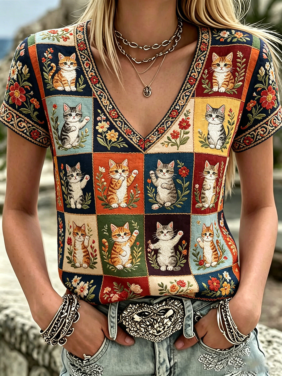 Women's Plants And Flowers Cute Cat Print V-Neck Casual T-Shirt