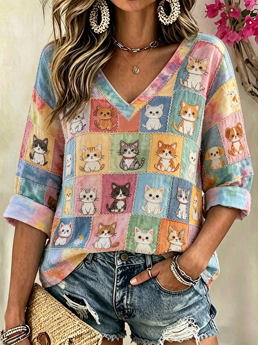 Women's Cat Dog Cartoon Art Spliced Cotton Linen V-Neck Shirt