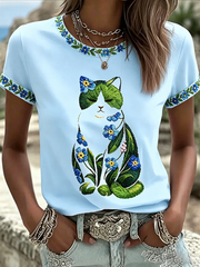Women's Cat Floral Print Casual T-shirt