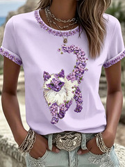 Women's Cat Floral Print Casual T-shirt