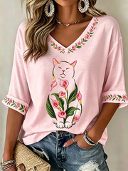 Women's Cat Floral Print Casual T-shirt