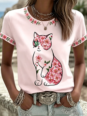 Women's Cat Floral Print Casual T-shirt