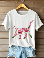 Women's Cat Floral Print Casual T-shirt