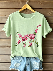 Women's Cat Floral Print Casual T-shirt