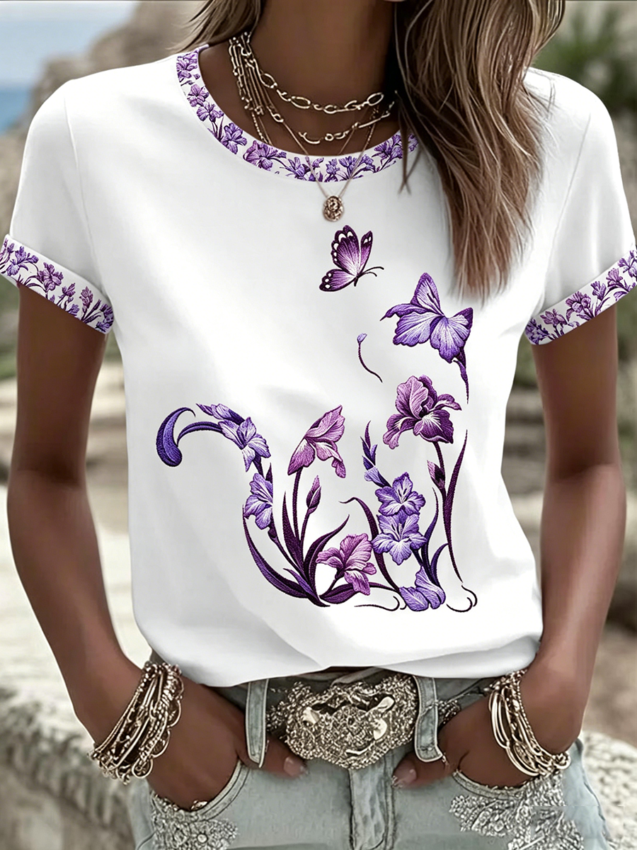 Women's Cat Floral Print Casual T-shirt