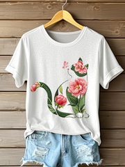 Women's Cat Floral Print Casual T-shirt
