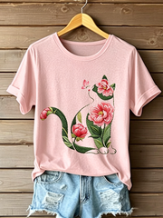 Women's Cat Floral Print Casual T-shirt