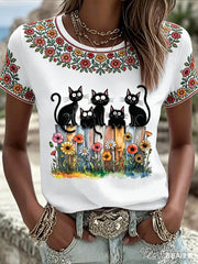 Women's Cute Floral Black Cats Print Casual Tee