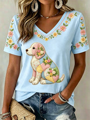 Women's Floral Dog Print Casual V-Neck Tee