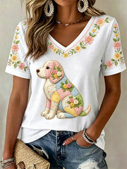 Women's Floral Dog Print Casual V-Neck Tee