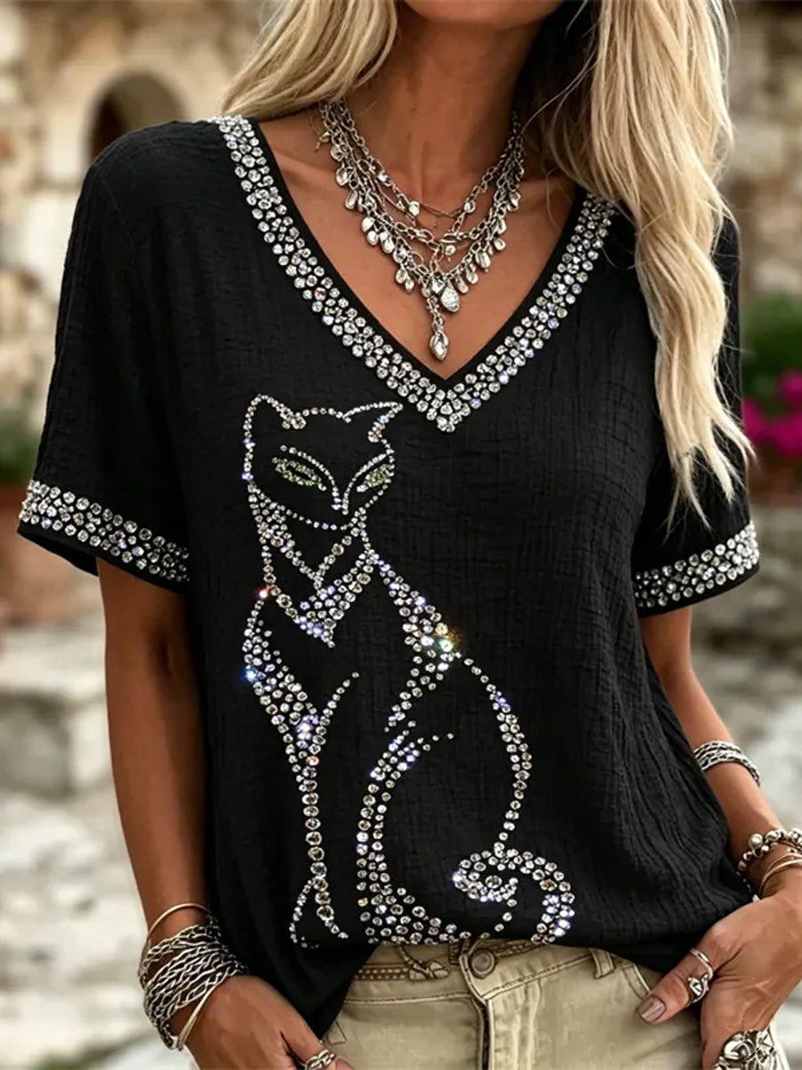 Women's Classy Glitter Cat Art Comfy Linen V-Neck Linen Short Sleeves Top