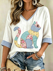Women's Floral Cat Print Casual V-Neck Top
