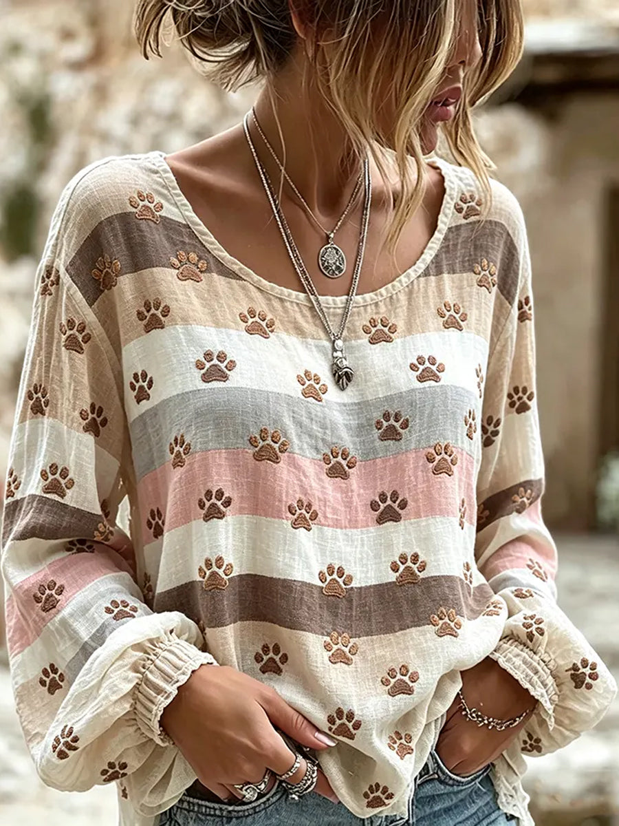 Women's Cute Cat Claw Pattern Color-blocked Design Linen O-Neck Long Sleeves Shirt