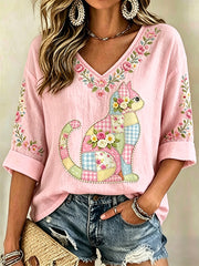 Women's Floral Cat Print Casual V-Neck Top
