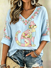 Women's Floral Cat Print Casual V-Neck Top