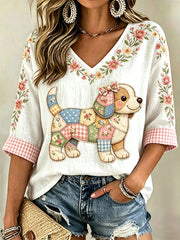 Women's Floral Dog Print Casual V-Neck Top