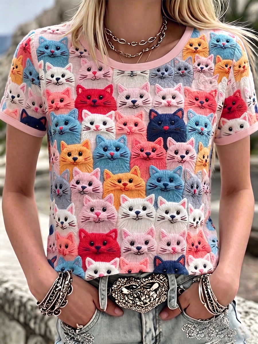 Women's Colorful Cute Cats Pattern Round Neck Linen Top