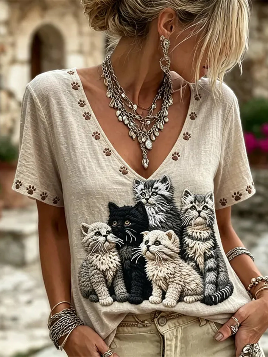 Women's Lovely Cats Art & Paw Prints V-Neck Linen Short Sleeves Top