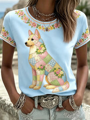 Women's Floral Dog Print Casual Tee