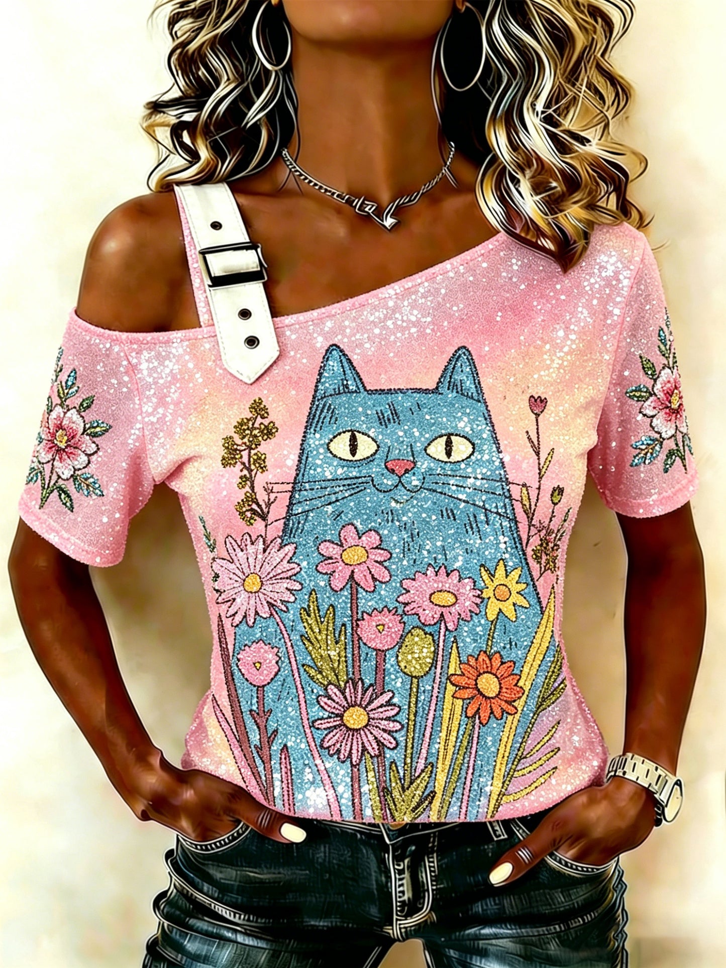 Women's Casual Strappy Off-Shoulder Top With Animal Art Print
