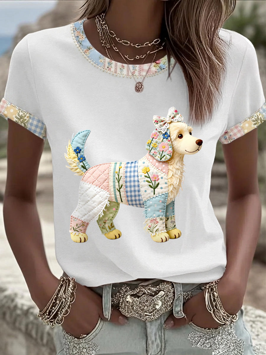 Women's Cute Floral Dog Print Casual Tee