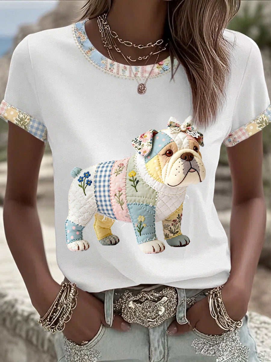 Women's Cute Floral Dog Print Casual Tee