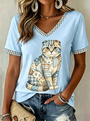 Women's Floral Cat Print Casual V-Neck Tee