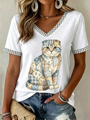 Women's Floral Cat Print Casual V-Neck Tee