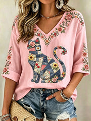 Women's Floral Cat Print Casual V-Neck Top