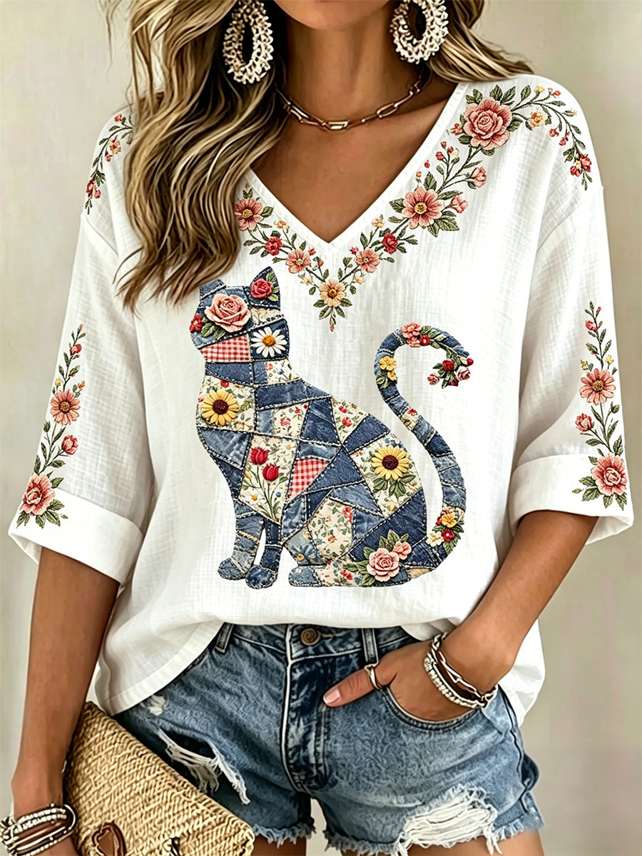 Women's Floral Cat Print Casual V-Neck Top