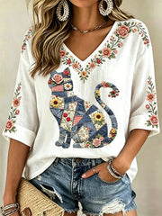 Women's Floral Cat Print Casual V-Neck Top