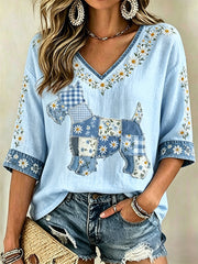 Women's Floral Dog Print Casual V-Neck Top