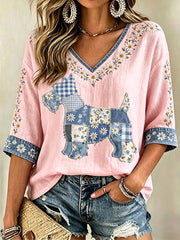 Women's Floral Dog Print Casual V-Neck Top