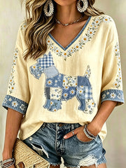 Women's Floral Dog Print Casual V-Neck Top