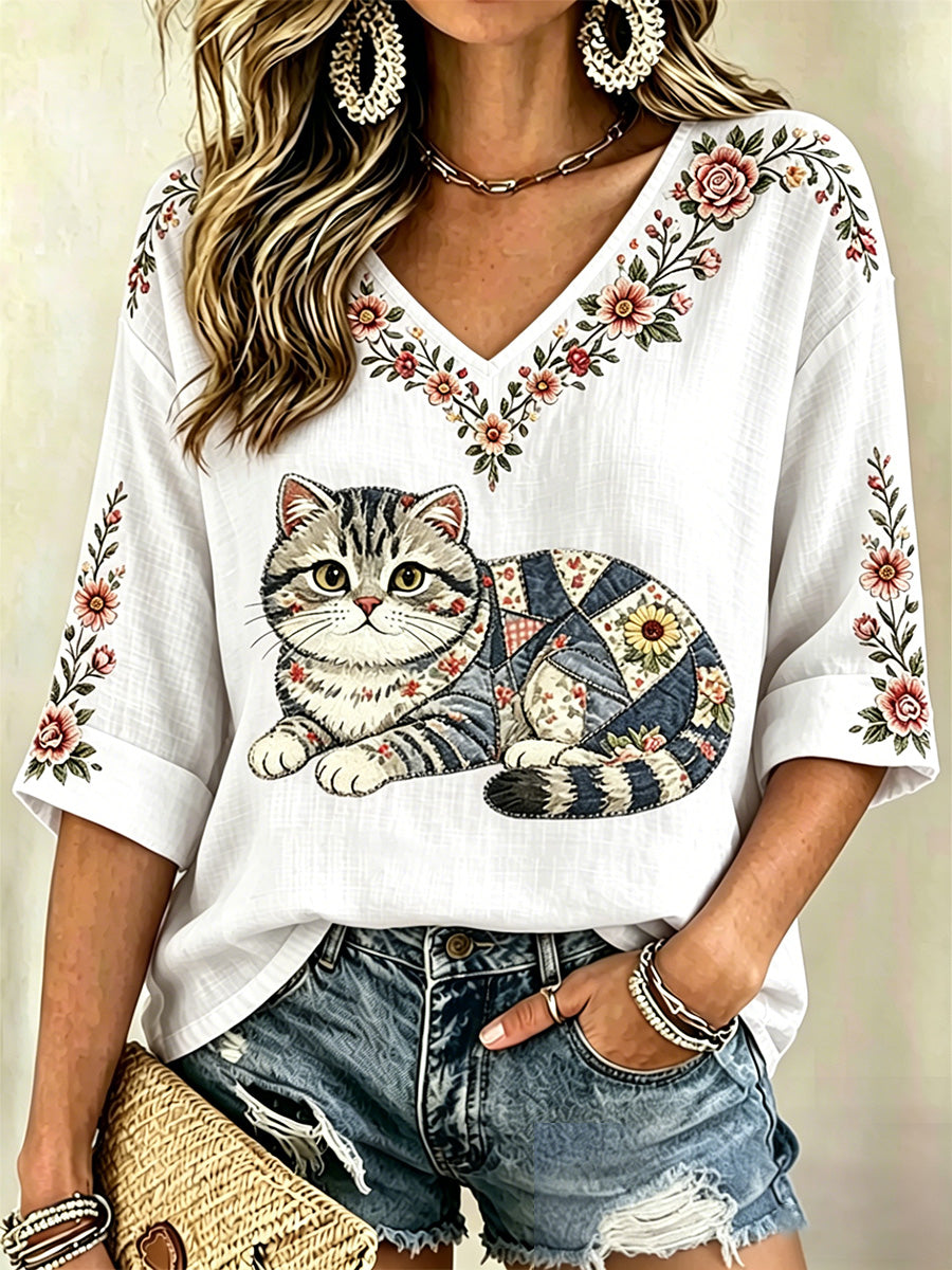 Women's Floral Cat Print Casual V-Neck Top