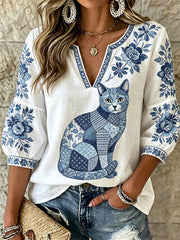 Women's Floral Cat Print Casual V-Neck Shirt