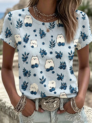 Women's Cute Cat Blueberry Floral Print Cotton Linen Short Sleeves Top