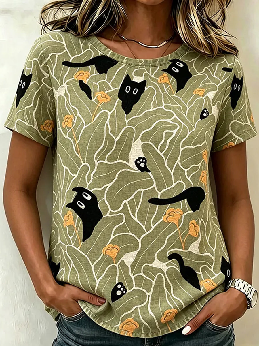 Women's Black Cat Hiding In Plants Pattern Linen Short Sleeves Top
