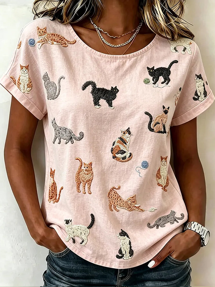 Women's Vintage Cute Cats Art Linen Short Sleeves Top