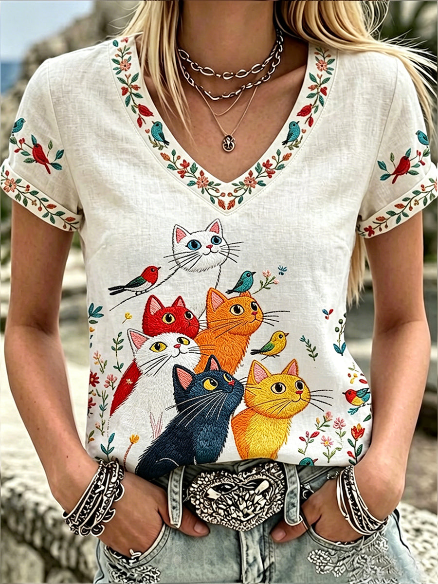 Women's Vintage Cute Cat Pattern Linen Short-sleeve Top
