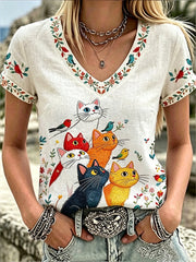 Women's Vintage Cute Cat Pattern Linen Short-sleeve Top