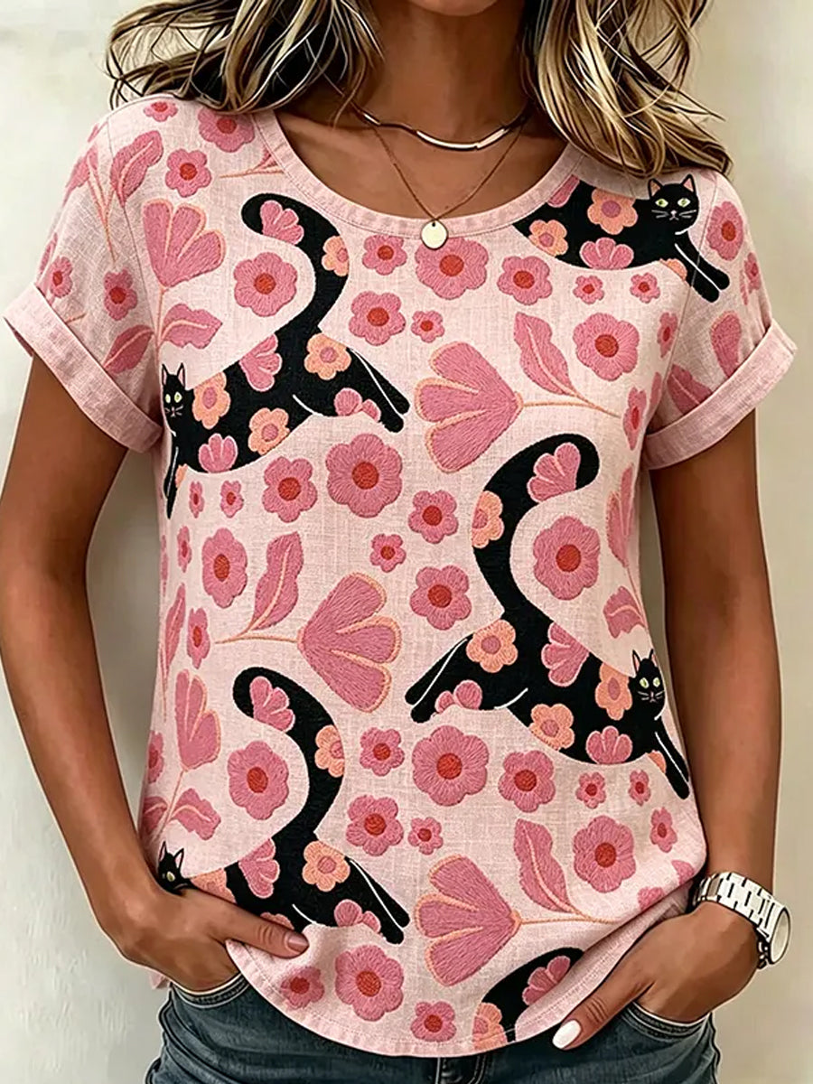 Women's Cute Black Cat With Floral Art Linen Short Sleeves Top