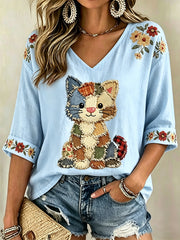 Women's Floral Cats Print Casual V-Neck Tee